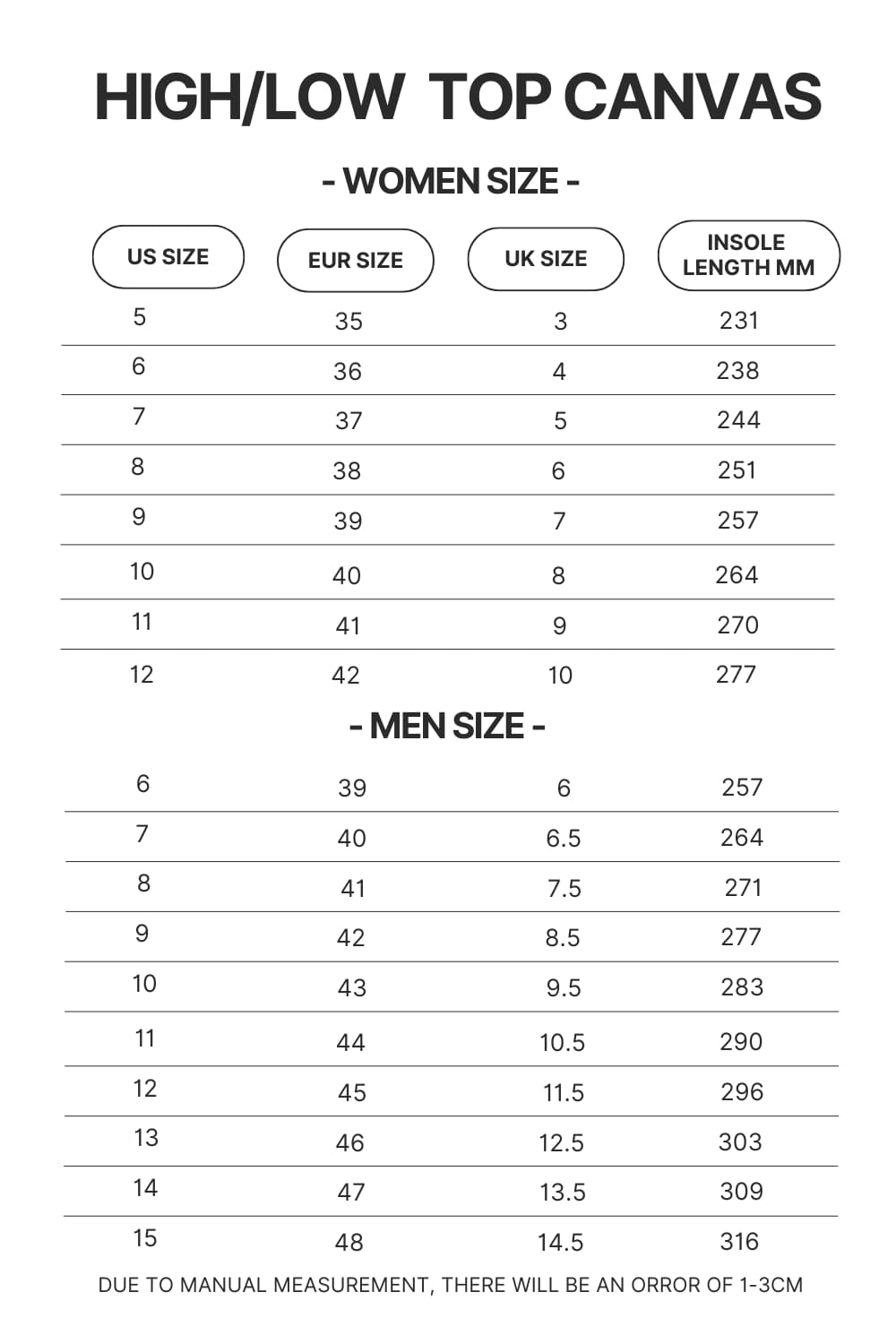 High Top Low Top Canvas Shoes Size Chart - Official Tokyo Ghoul