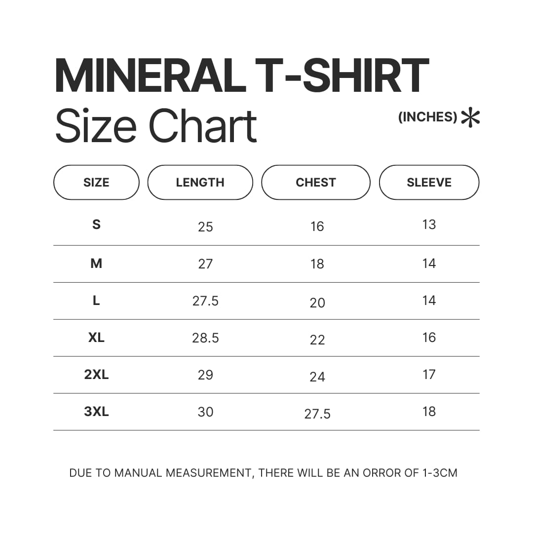 Mineral Wash T shirt Size Chart - Official Tokyo Ghoul
