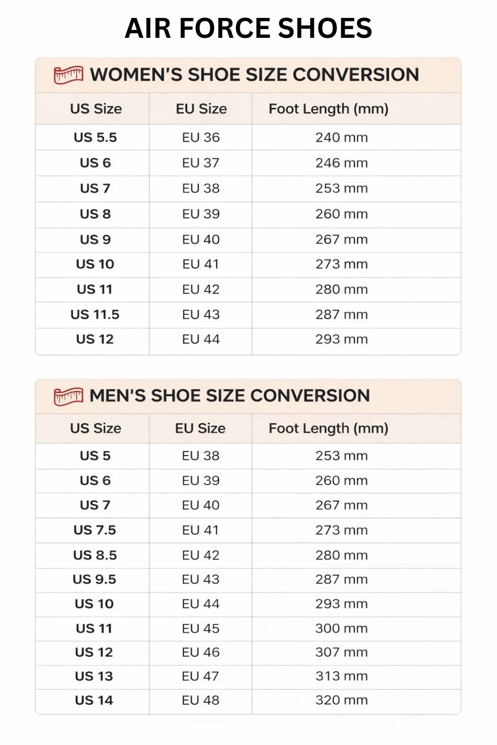 Air Force Shoes Size Chart - Official Tokyo Ghoul