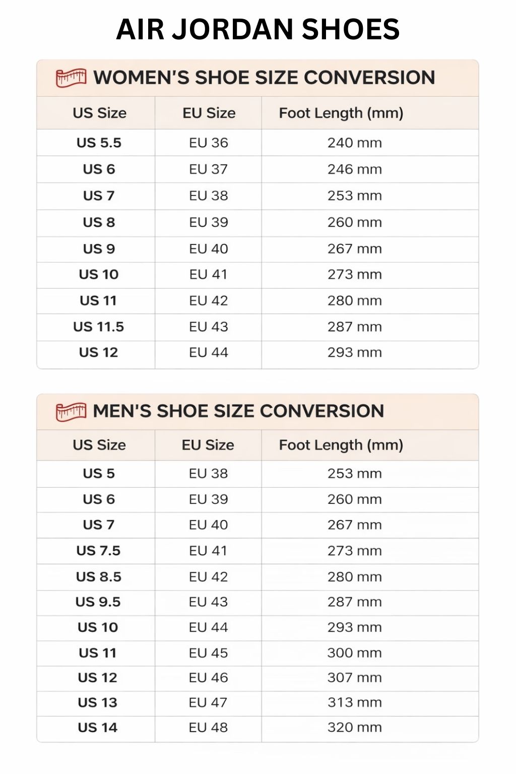 Air Jordan High Low Top Shoes Size Chart - Official Tokyo Ghoul