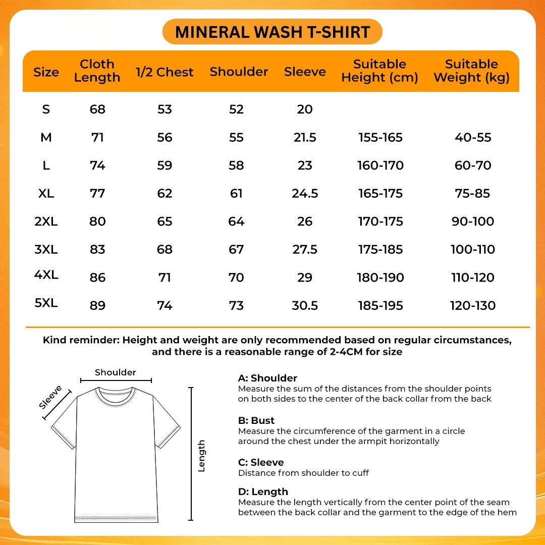 Mineral Wash T Shirt Size Chart - Official Tokyo Ghoul
