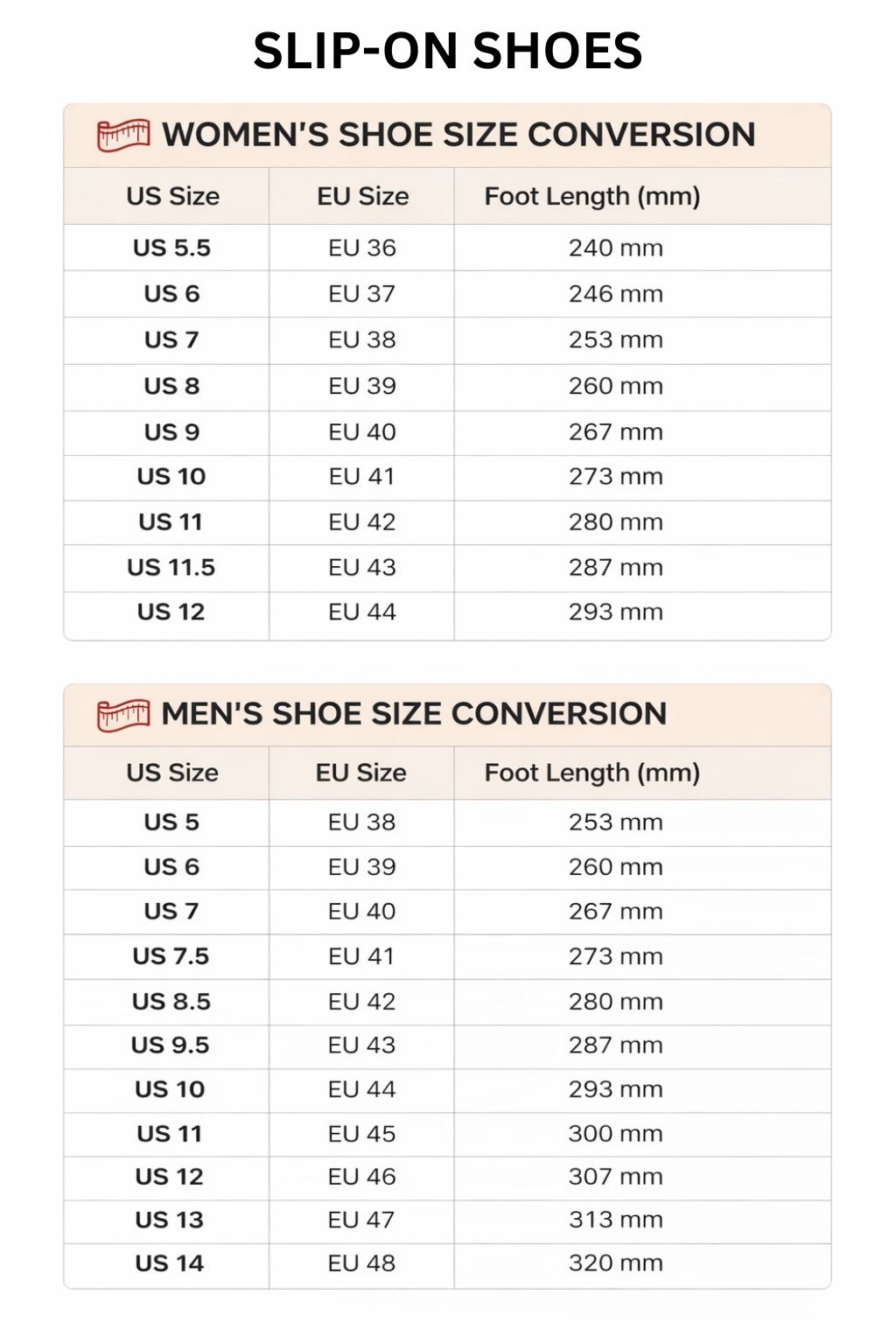 Slip On Shoes Size Chart - Official Tokyo Ghoul